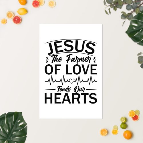 A rectangular **Jesus The Farmer Of Love Tends Our Hearts Poster** features the text "Jesus, The Farmer of Love, Tends Our Hearts" with a heartbeat graphic. The poster lies on a white surface surrounded by citrus fruits and green leaves arranged artistically at the corners. christian gifts, religious gifts, gifts of faith, faith based gifts, faith inspired gifts