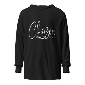 A black long-sleeve Chosen "1 Pet 1:2" hoodie featuring the word "Chosen" in large white cursive with the text "1 PET. 1:2" in smaller font beneath on the back. christian gifts, religious gifts, gifts of faith, faith based gifts, faith inspired gifts