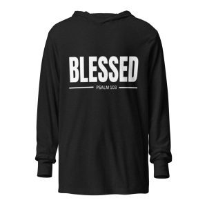 A black, long-sleeve hoodie featuring "BLESSED" in prominent white letters on the back, with "Psalm: 103" in smaller text beneath. christian gifts, religious gifts, gifts of faith, faith based gifts, faith inspired gifts