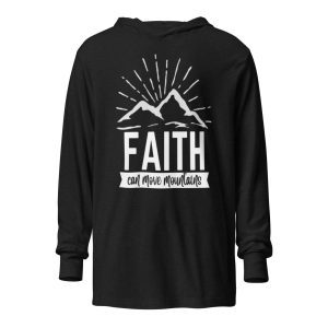 Black "Faith Can Move Mountains" hoodie featuring a front design of stylized mountains and sun rays. christian gifts, religious gifts, gifts of faith, faith based gifts, faith inspired gifts