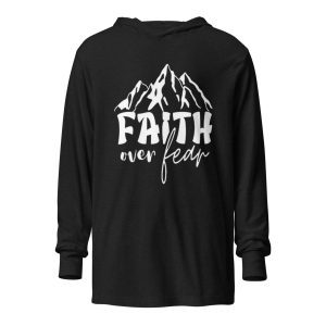 Black long-sleeve Faith Over Fear Hoodie featuring a white mountain graphic and the text "Faith over Fear" on the back. christian gifts, religious gifts, gifts of faith, faith based gifts, faith inspired gifts