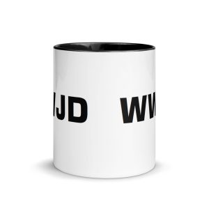 A white ceramic mug with a black interior is pictured. The WWJD What would Jesus Do Mug with Color Inside features the large black letters "WWJD" printed horizontally across the surface, making it a perfect choice for Christian gifts. christian gifts, religious gifts, gifts of faith, faith based gifts, faith inspired gifts